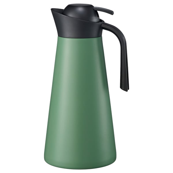 Green GOKVÄLLÅ thermal pitcher with black lid and handle.