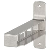 A silver, l-shaped GRANHULT bracket made of nickel-plated aluminium, designed to hide shelf joints.