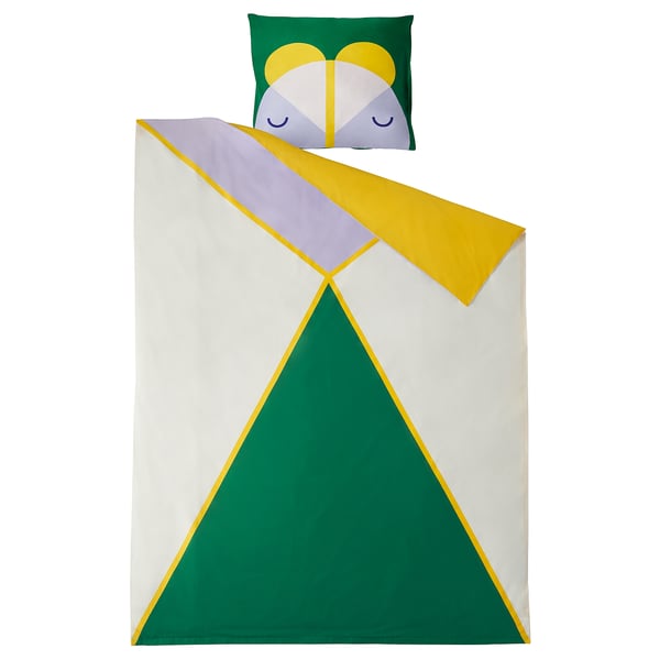 Colourful geometric bedding set with pillow, white background