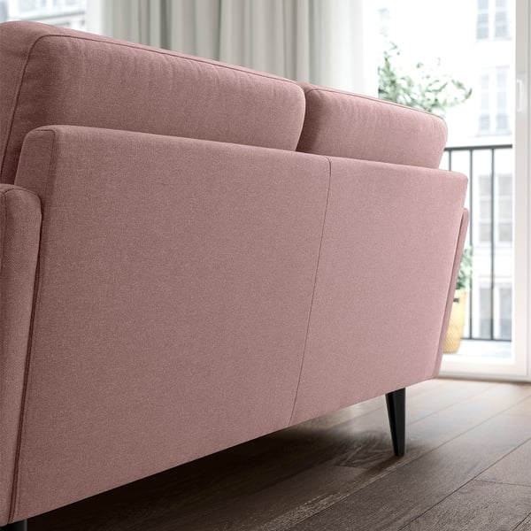 Pink-brown GRILLSTORP sofa with clean lines, cushioned seats, black legs, near bright window.