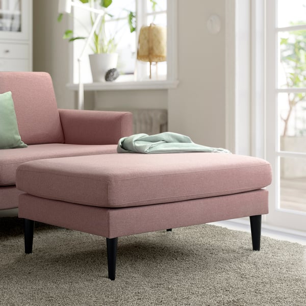 GRILLSTORP pink fabric sofa & ottoman, modern design, cosy cushions, fits well in bright room.