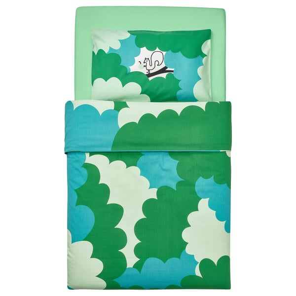 Gröfink baby bedding set, green-blue, cotton, square, cloud pattern.