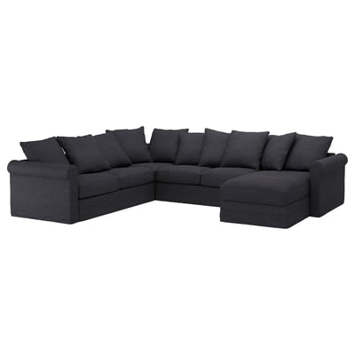 Grey GRÖNLID sectional sofa with 8 cushions, corner seat, chaise, modern & comfy, cotton, polyester, linen.