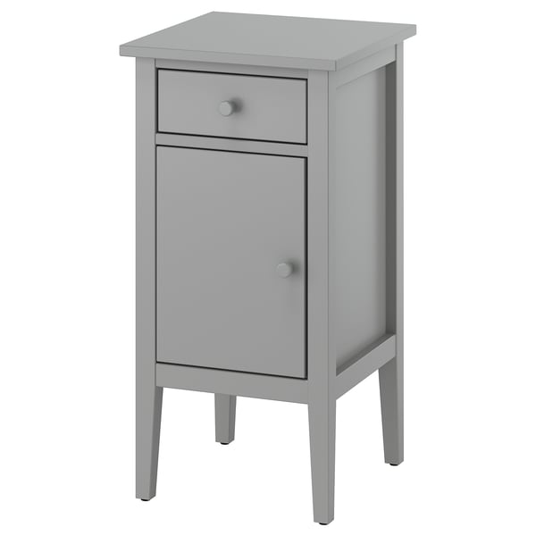 Grey GULLABERG bedside table, simple design with single drawer and cabinet, tapered legs.