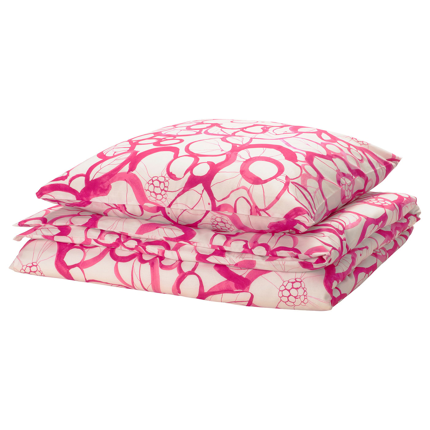 Pink HÄRLIR bedding set with flowery design, made from recycled cotton and lyocell.