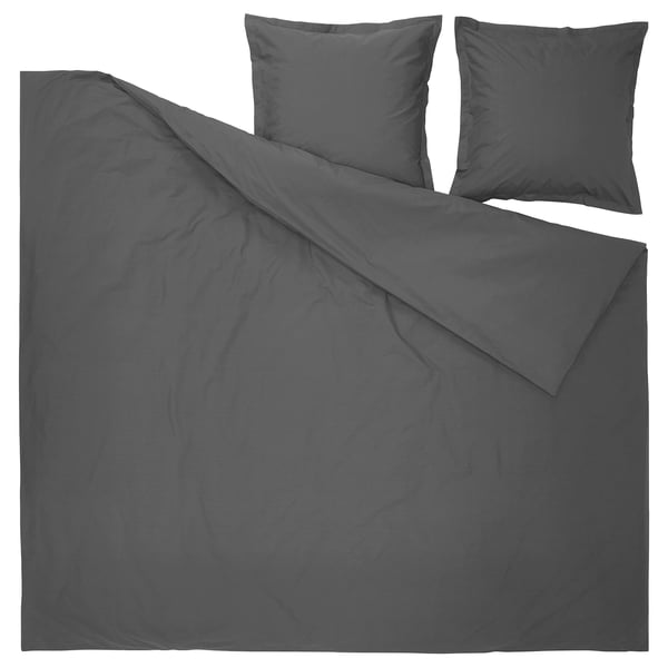 Dark grey duvet cover set with two matching pillowcases, zip closure.