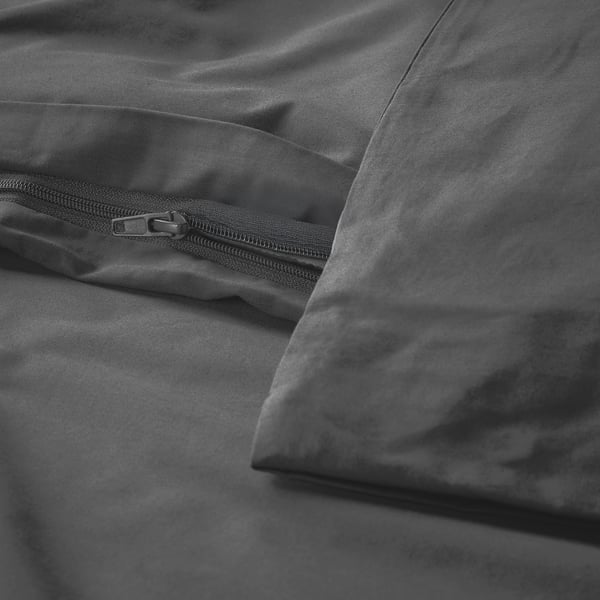 Close-up of zip on dark grey duvet cover.