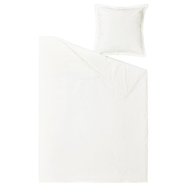 HAMPFLOCKEL, white duvet and pillowcase set. Made of 100% cotton. Rectangle shape with smooth, crisp design.