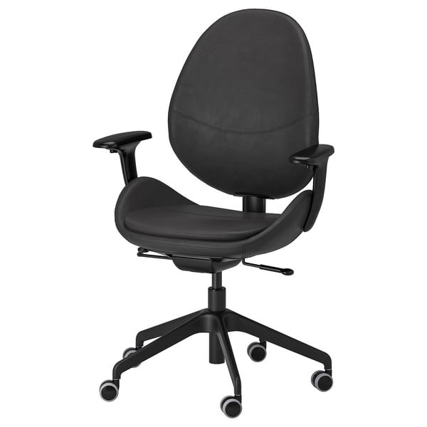 Noarms black ergonomic office chair with curved back, adjustable lumbar support, padded armrests, and five wheels.