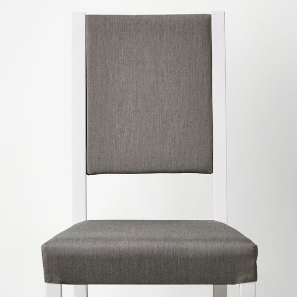 Modern upholstered chair with high back, grey fabric, foam padding, and sleek white wooden frame.