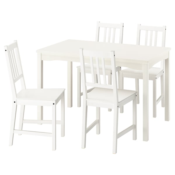 A white HAUGA dining set with a table and four chairs, made of solid wood, with a simple and traditional design.