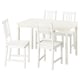 A white HAUGA dining set with a table and four chairs, made of solid wood, with a simple and traditional design.