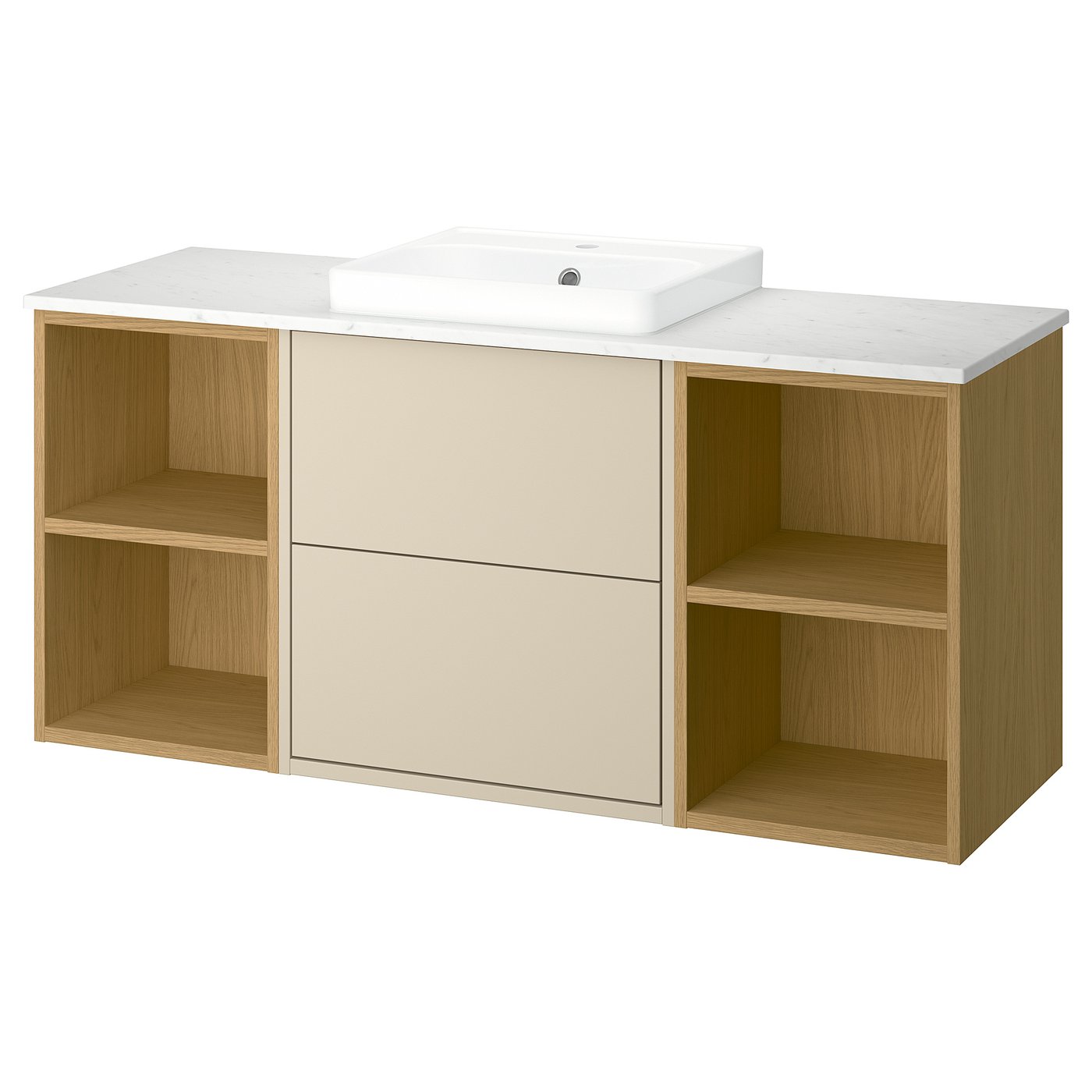 Havbck vanity in beige wooden finish, white marble countertop, semi-recessed sink, open and closed storage compartments.