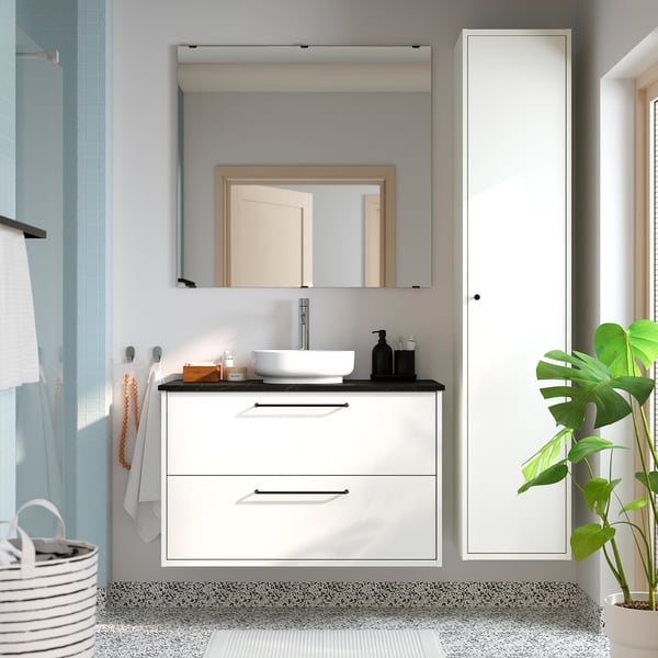 HAVBÄCK / VINDELÄLVEN Wash-stnd w drawers/wash-basin, white/black marble effect, 102x49x77 cm