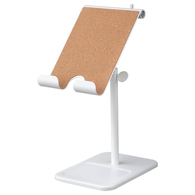 HAVREHOJ tablet stand, adjustable white metal with cork surface, for ergonomic viewing.