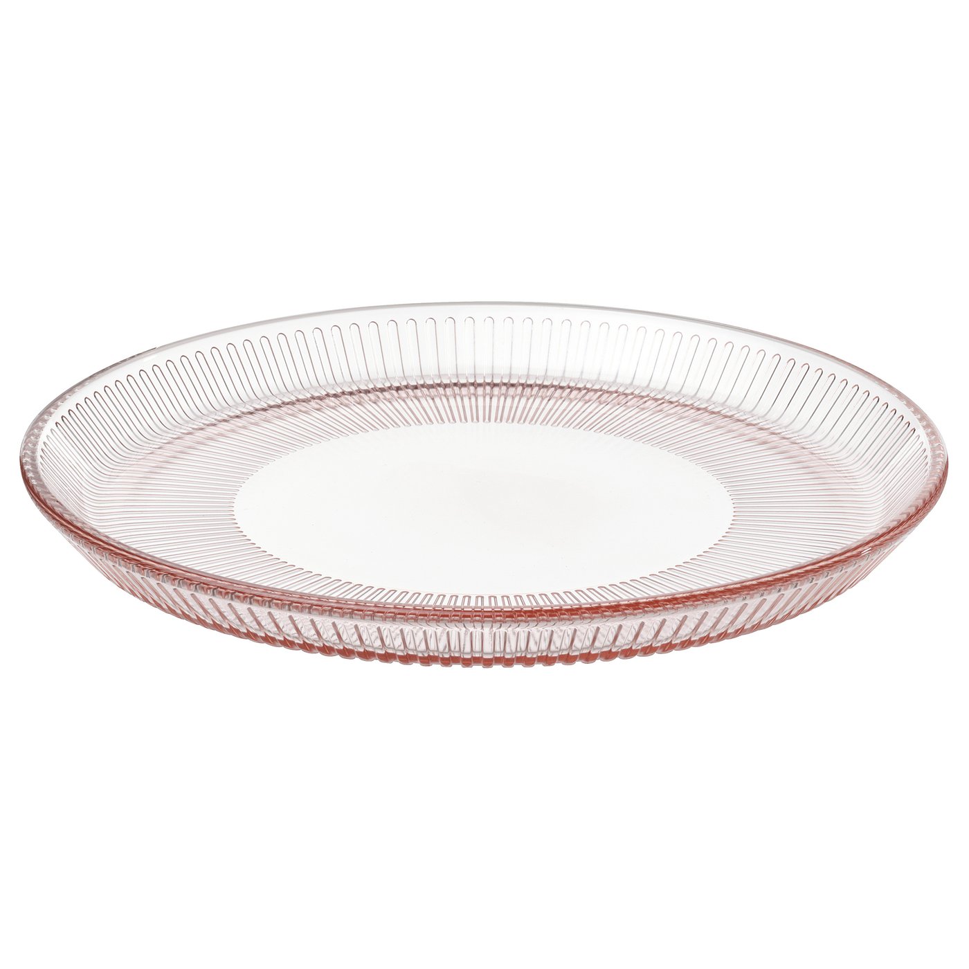 This image pinkish, round glass plate with vertical design, made of tempered glass, perfect for serving foods.