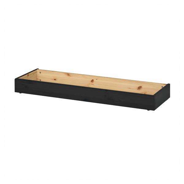 Black rectangular wooden shelf, HAVSTA, solid pine, smooth surface.