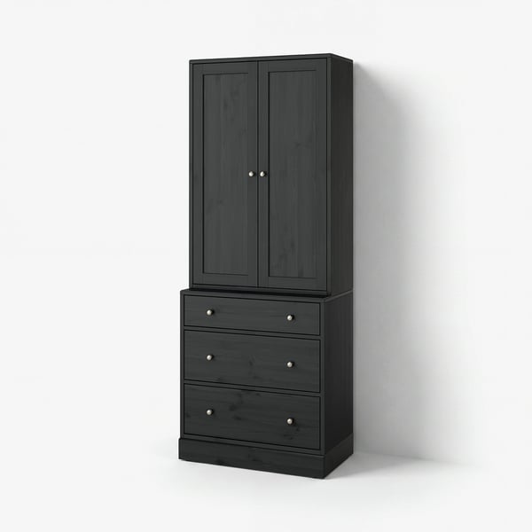 HAVSTA cabinet & chest: 2 doors, 3 drawers, pine & fibreboard. Scandinavian design, round metallic handles.