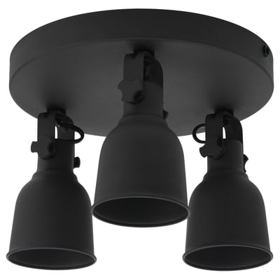 The black HEKTAR ceiling lamp with oversized metal shades in a rustic industrial design.