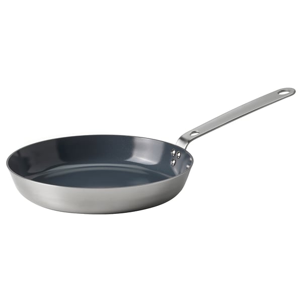 Grey non-stick ceramic frying pan with stainless steel exterior and handle.