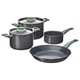 A set of grey HEMLAGAD pots and pans with green handles and lids, arranged in a group.