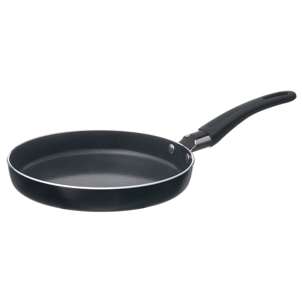 HEMLAGAD black frying pan. Non-stick, aluminium, round shape with a black handle. Ideal for cooking.