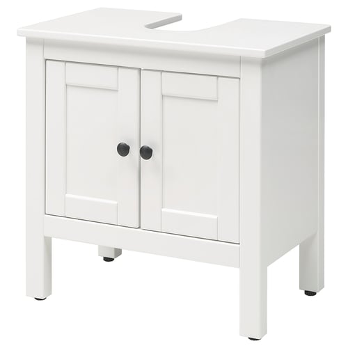 Ikea HEMNES white under sink cabinet, rectangular shape, two doors with black knobs.