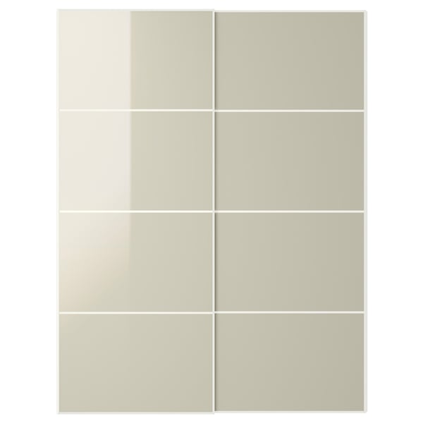 A set of beige high-gloss HOKKSUND sliding wardrobe doors with a sleek, rectangular design.