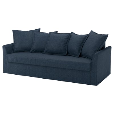 Blue sofa with pillows, modern design, converts into a bed, dark denim fabric, 3 cushions.