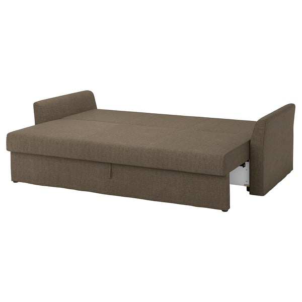 HOLMSUND sofa in brown fabric, convertible to bed, with storage and adjustable cushions.