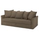 An olive green HOLMSUND sofa bed with four cushions. It has a textured fabric cover and a sleek, modern design.