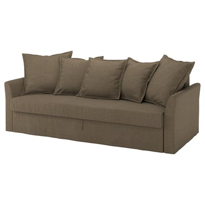 An olive green HOLMSUND sofa bed with four cushions. It has a textured fabric cover and a sleek, modern design.