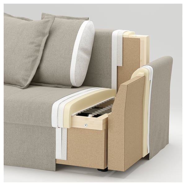 Grey three-seat sofa-bed with wooden frame, foam cushions, and fabric cover, displaying open storage compartment with multiple compartments.