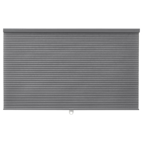 A grey HOPPVALS roller blind featuring horizontal stripes, made of polyester, suitable for darkening rooms and providing privacy.
