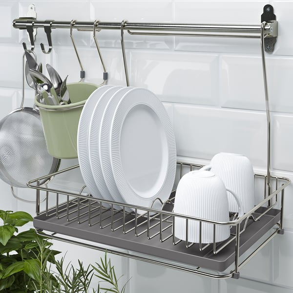 Wall-mounted kitchen organiser, HULTARP series, stores dishes and utensils, saves counter space.
