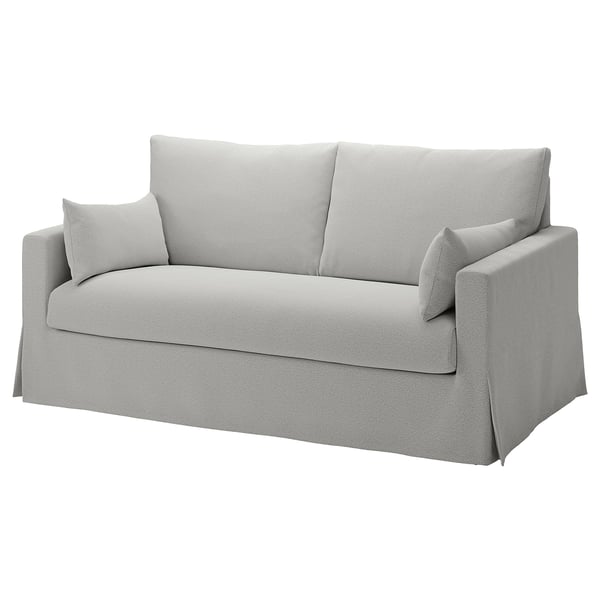 Modern light grey sofa, clean lines, two cushions, upholstered in a blend of cotton and polyester.