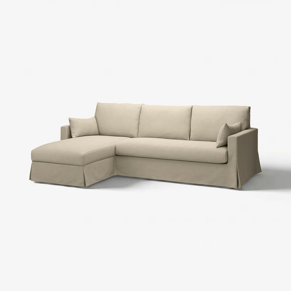 HYLTARP sofa: beige, linen-like fabric, l-shaped, sleek design, comfy cushions.