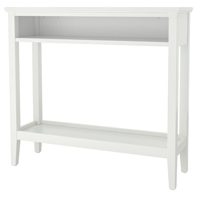 White IDANÄS console table with shelf and open bottom.