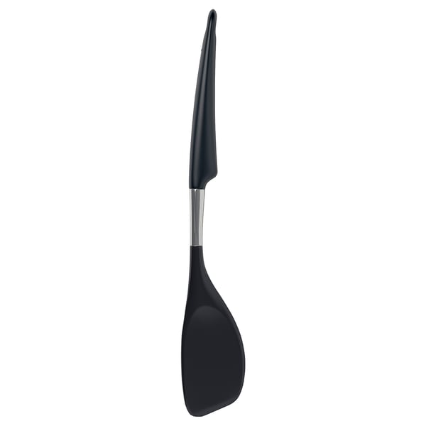 Black spatula with silicone handle and stainless steel shaft. Ergonomic grip for safe use.