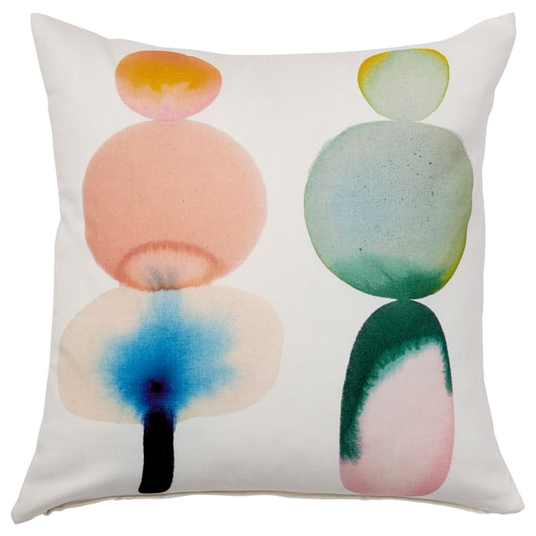 IKEA PS 2026 pillow, white with abstract pastel shapes, cotton. Square, zipped cover.