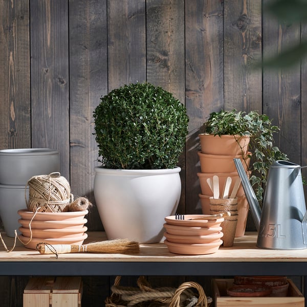 Garden tools, potted topiary, terracotta stacks, watering can.