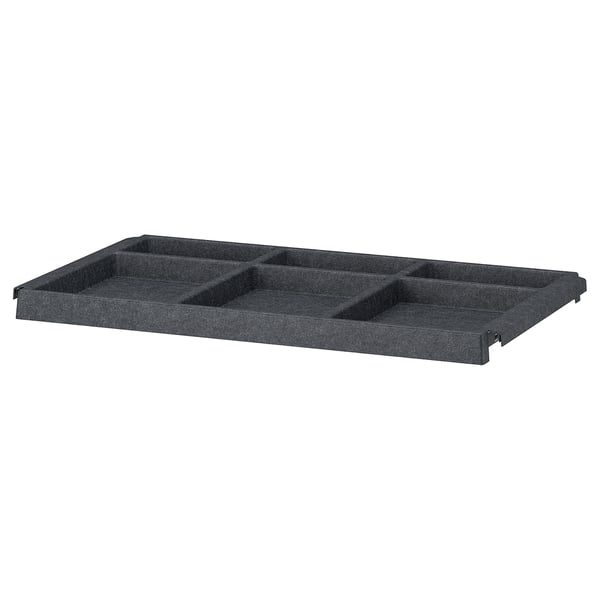 An IVAR grey rectangular felt shelf with compartments. It is made of polyester and steel, featuring a simple and functional design.