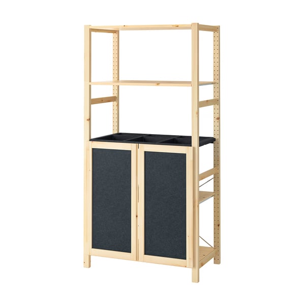 IVAR pine shelf unit with felt doors. Simple, sturdy, natural pine. Includes black felt doors and top shelf. Adaptable storage solution.
