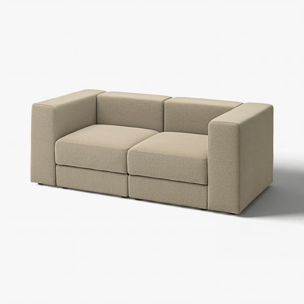 Modern beige modular sofa, beige fabric, clean lines, cushioned seats & back, versatile design.