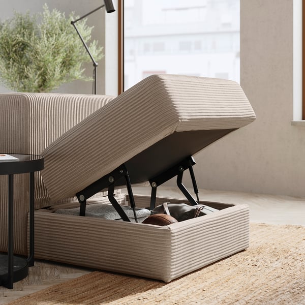 JÄTTEBO sofa, beige, stripy fabric, modern design with storage, comfortable seat.