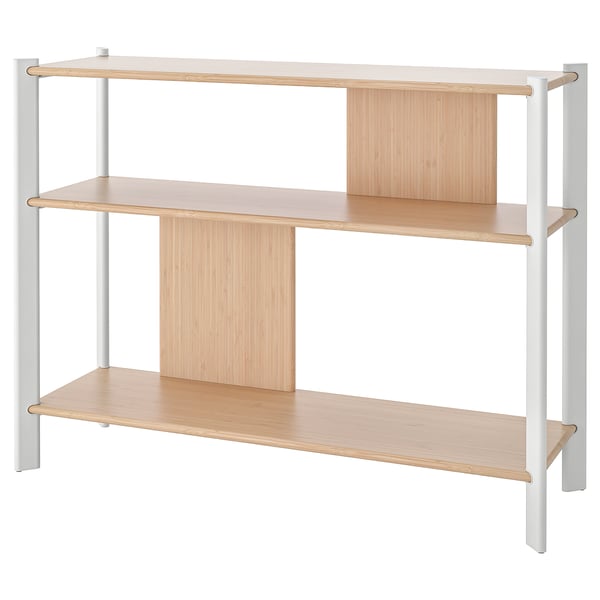 JÄTTESTA natural bamboo wood 3-tier shelf with white metal legs.