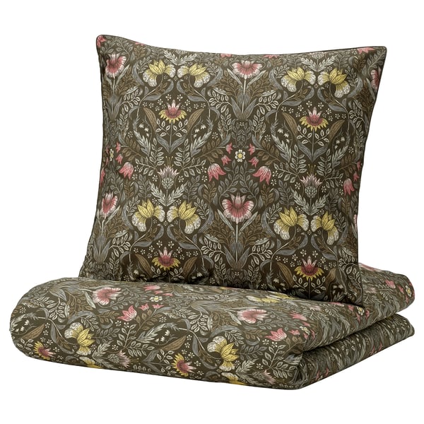 KÄRRDUNÖRT duvet & pillow - dark green, floral pattern, rectangular, soft cotton & lyocell, zip closure.