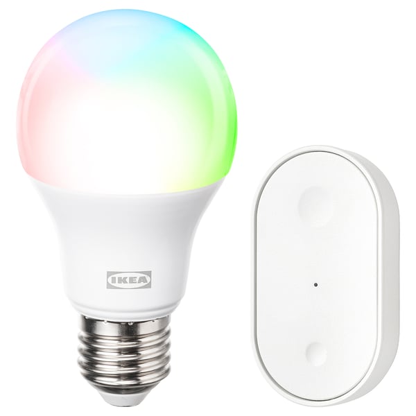 IKEA KAJPLATS smart light starter kit, multicoloured light bulb and white oval remote.