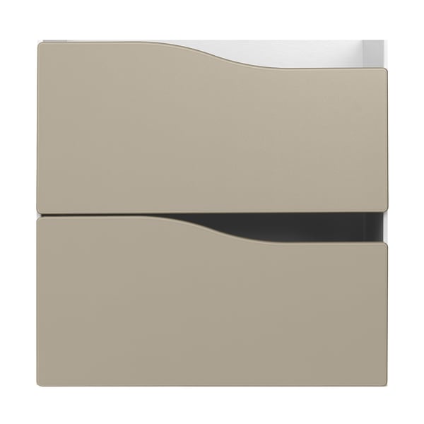 Modern beige KALLAX storage unit with sleek curves and handle-less drawers, divided into two sections.