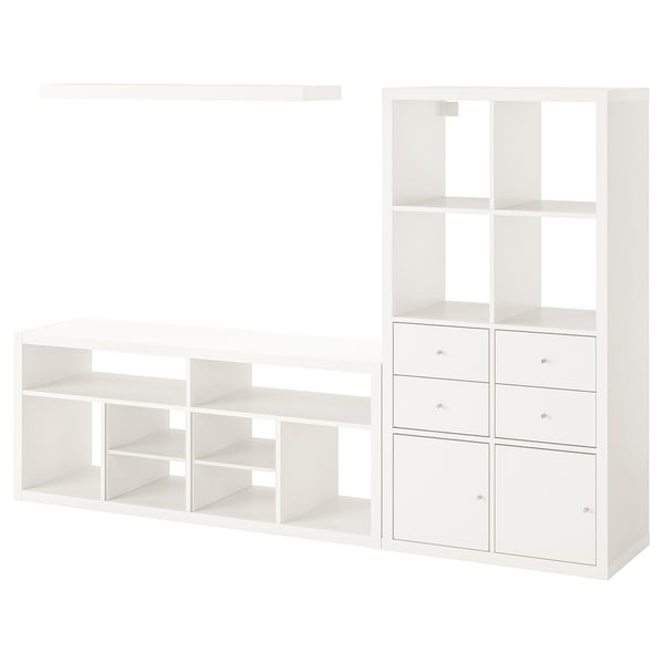 Modern white KALLAX shelving setup with wall unit, tv bench, and storage inserts.